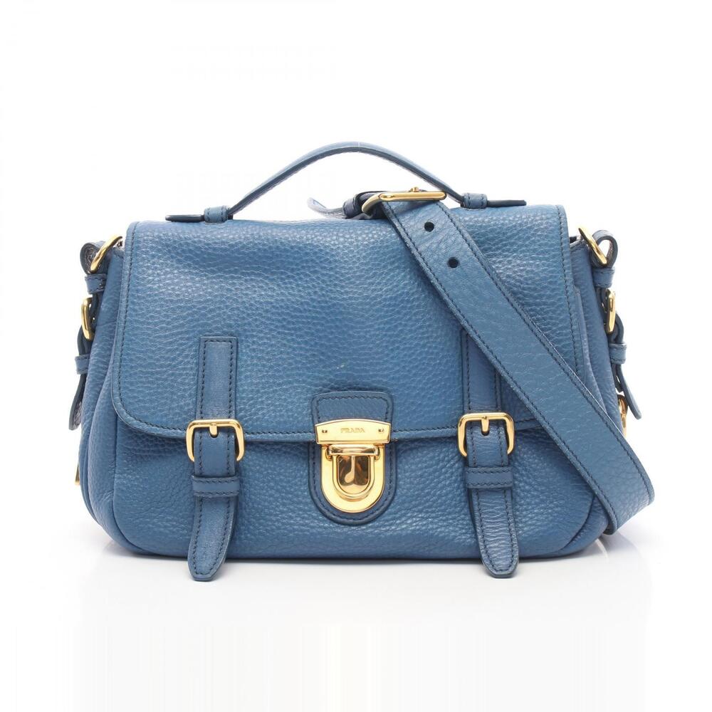 Prada Vitello Daino Push Lock Double Buckle Messenger Bag blue leather